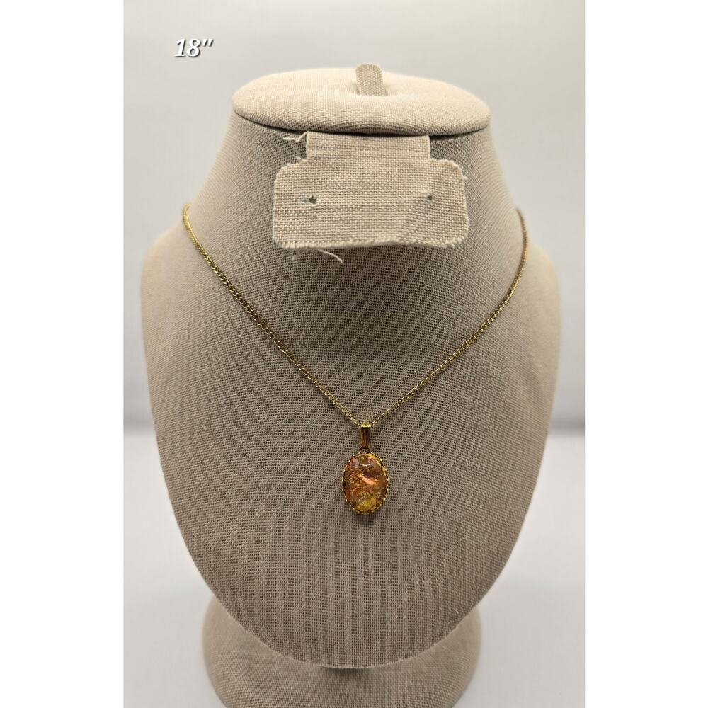 Pendant Necklace –‎ Amber Tone Aurora Glass, Gold-Tone Setting, 18” Chain